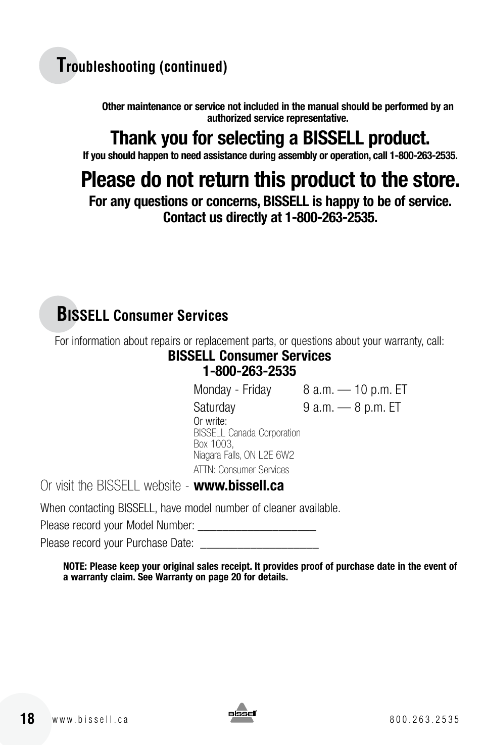 Please do not return this product to the store | Bissell 6 3 9 0 User Manual | Page 18 / 20