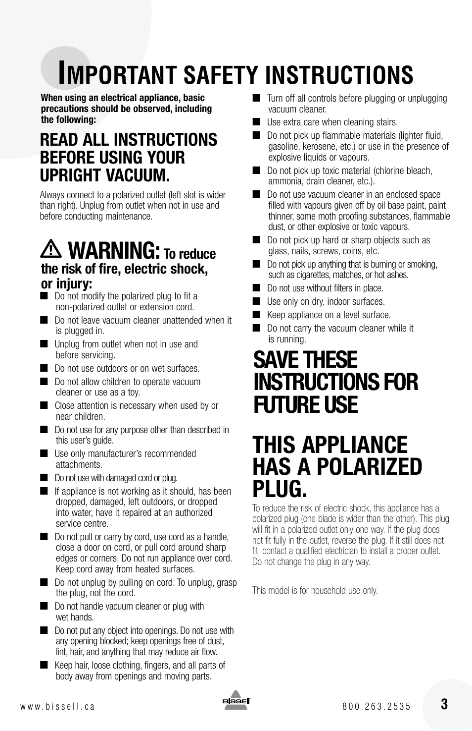 Mportant safety instructions, Warning | Bissell 6 3 9 0 User Manual | Page 3 / 20