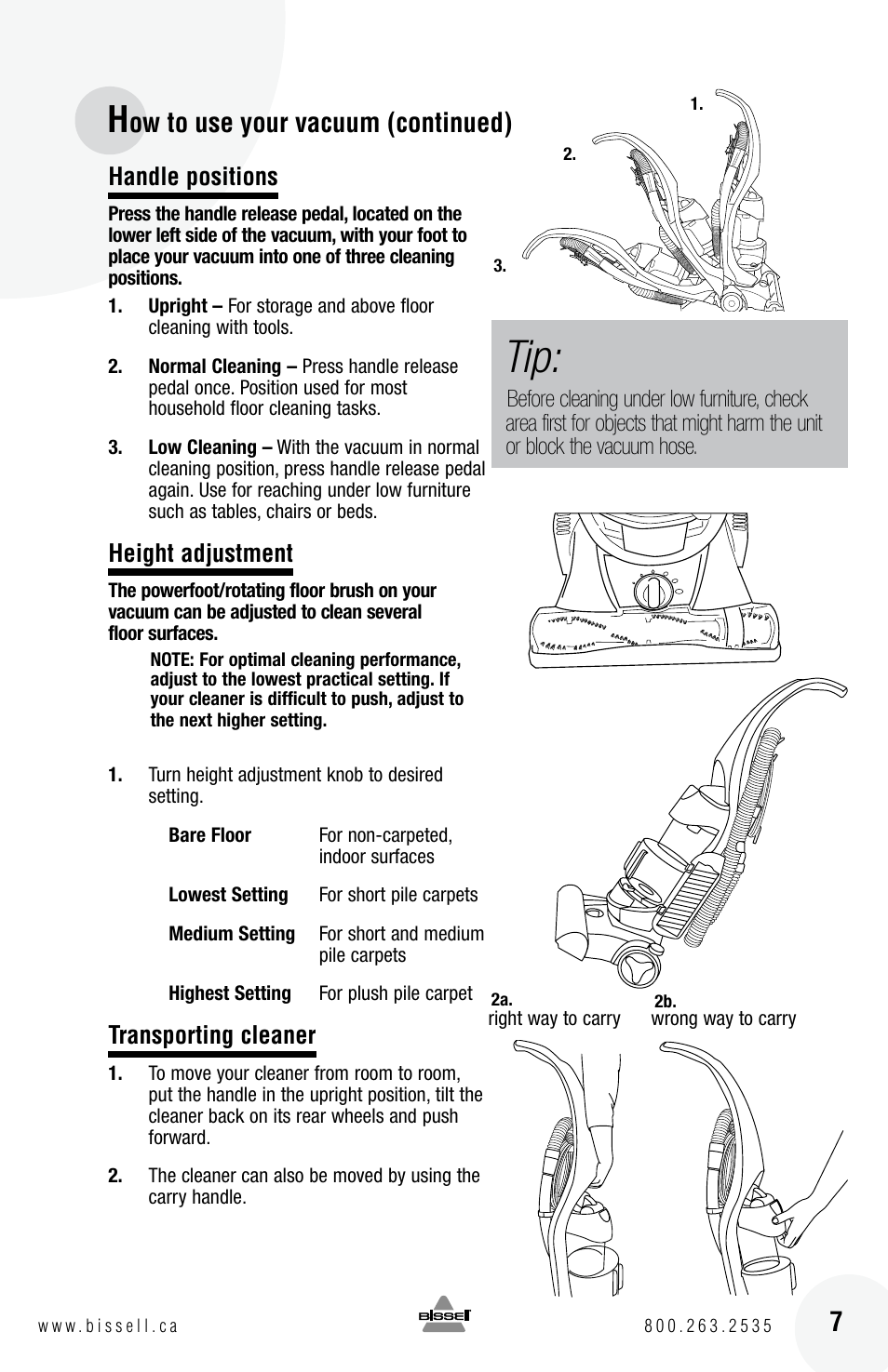 Ow to use your vacuum (continued) 7, Handle positions, Height adjustment | Transporting cleaner | Bissell 6 3 9 0 User Manual | Page 7 / 20