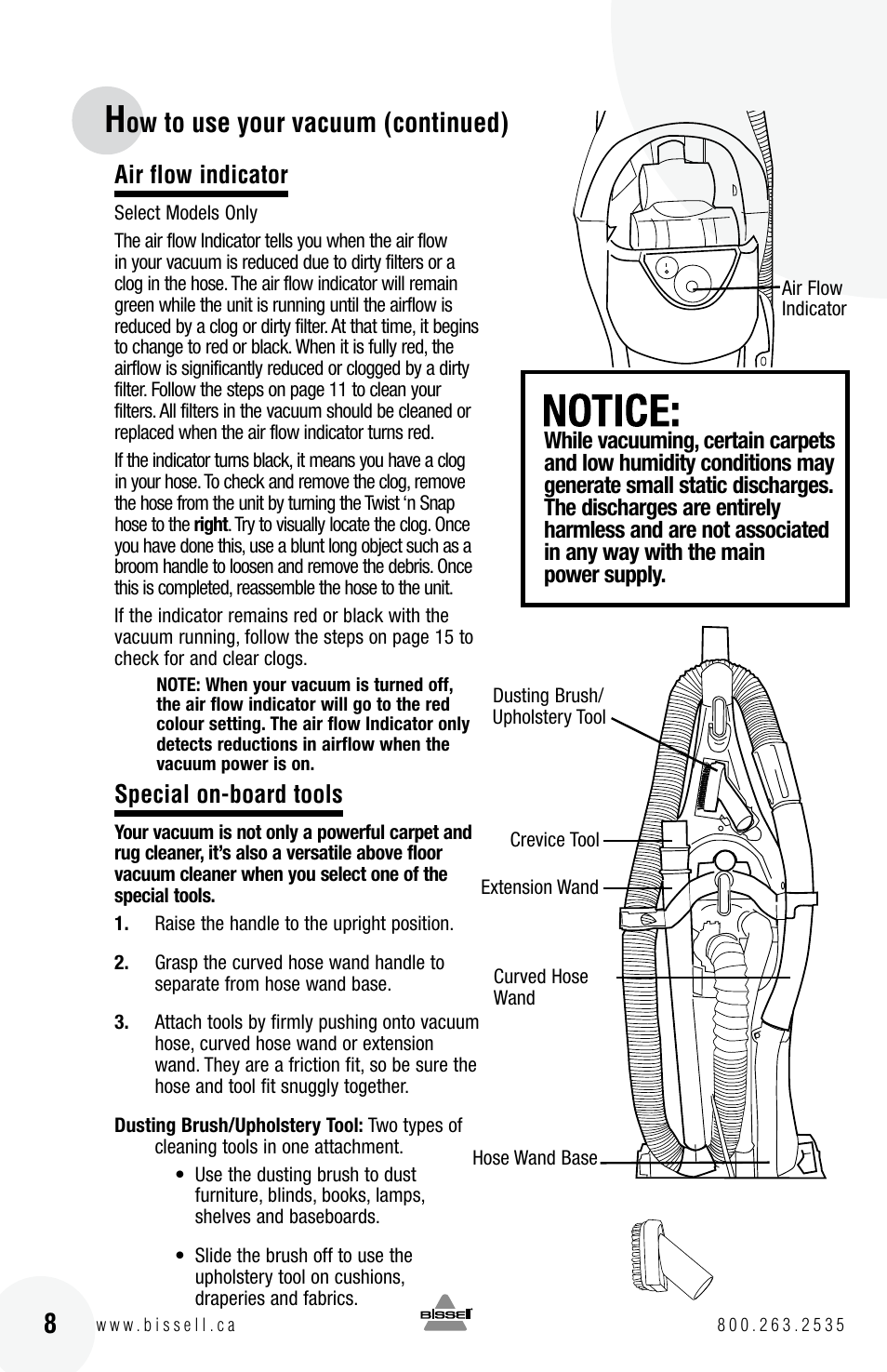 Ow to use your vacuum (continued), Air flow indicator, Special on-board tools | Bissell 6 3 9 0 User Manual | Page 8 / 20