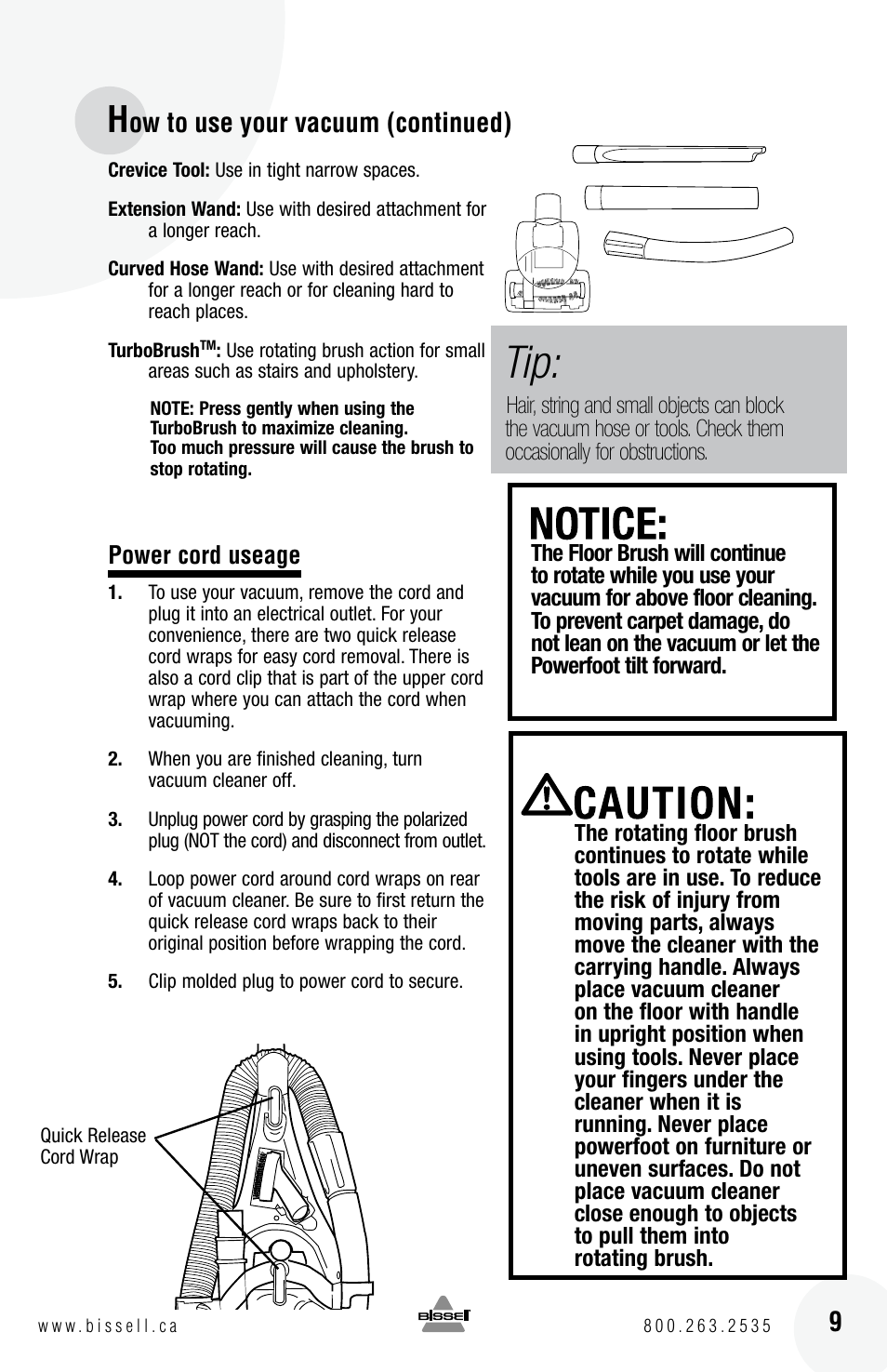 Ow to use your vacuum (continued) 9 | Bissell 6 3 9 0 User Manual | Page 9 / 20