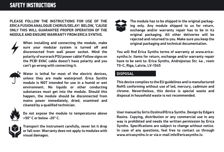 Safety instructions | Erica Synths Fusion analogue Chorus/Delay User Manual | Page 6 / 6