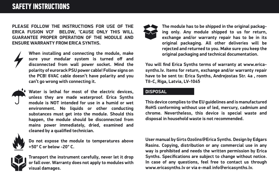 Safety instructions | Erica Synths Fusion 6VAC PSU User Manual | Page 4 / 4