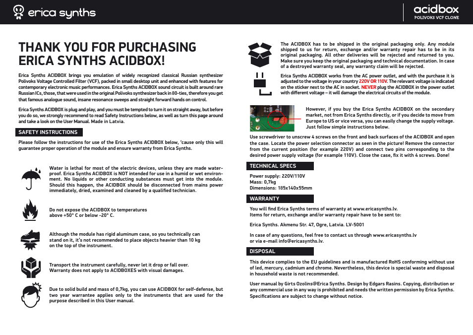 Erica Synths ACIDBOX - Polivoks VCF desktop version User Manual | Page 2 / 2