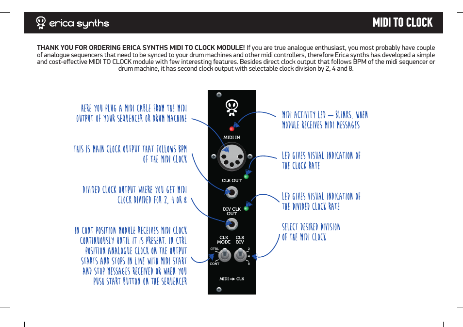 Erica Synths Midi to Clock module User Manual | 2 pages