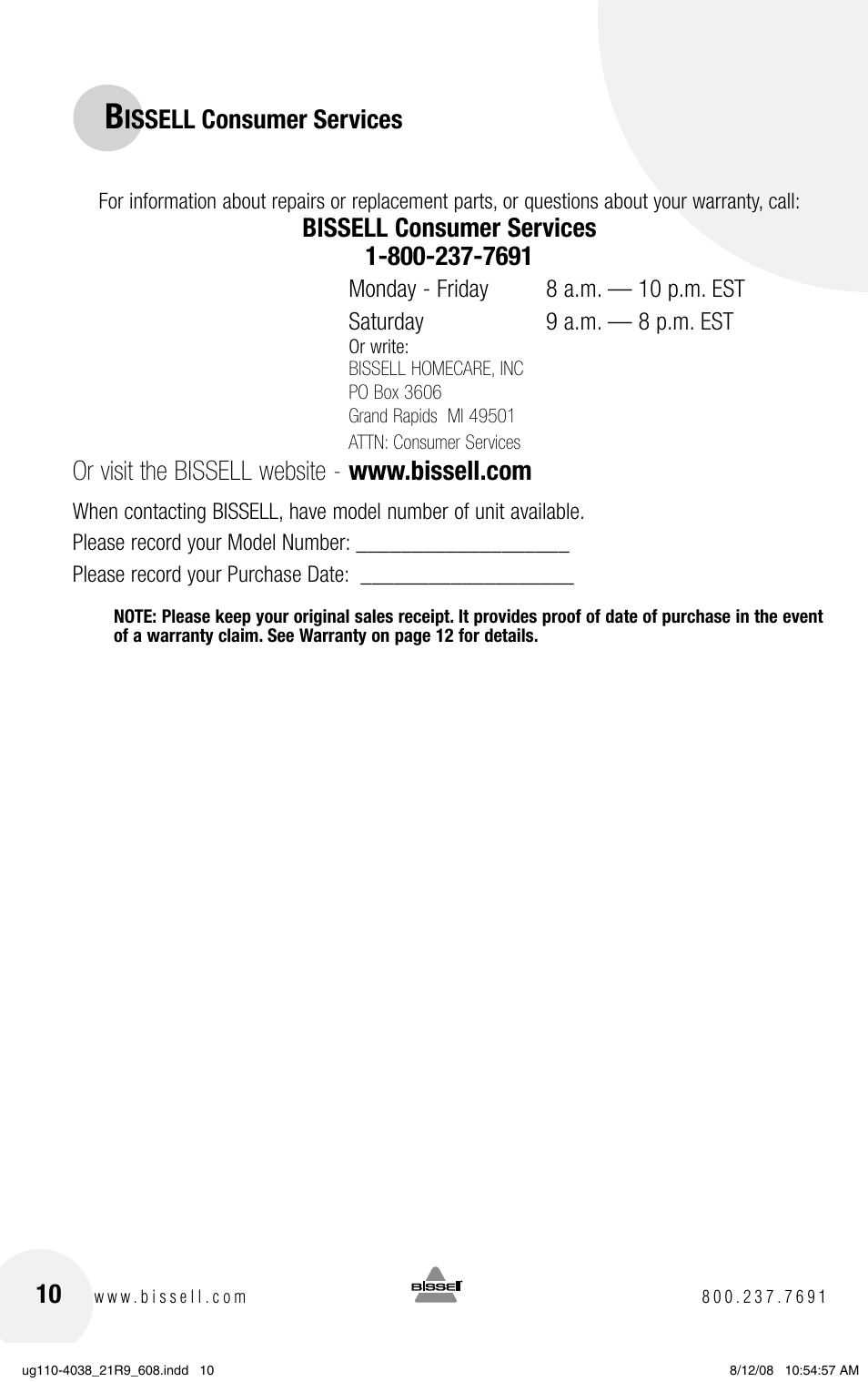 Bissell V. (VERSUS) 21R9 User Manual | Page 10 / 12