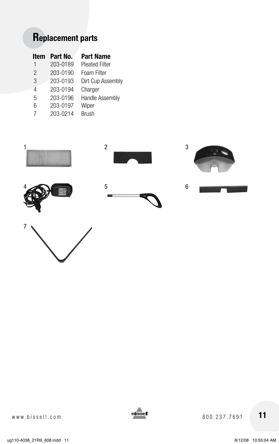 Eplacement parts | Bissell V. (VERSUS) 21R9 User Manual | Page 11 / 12