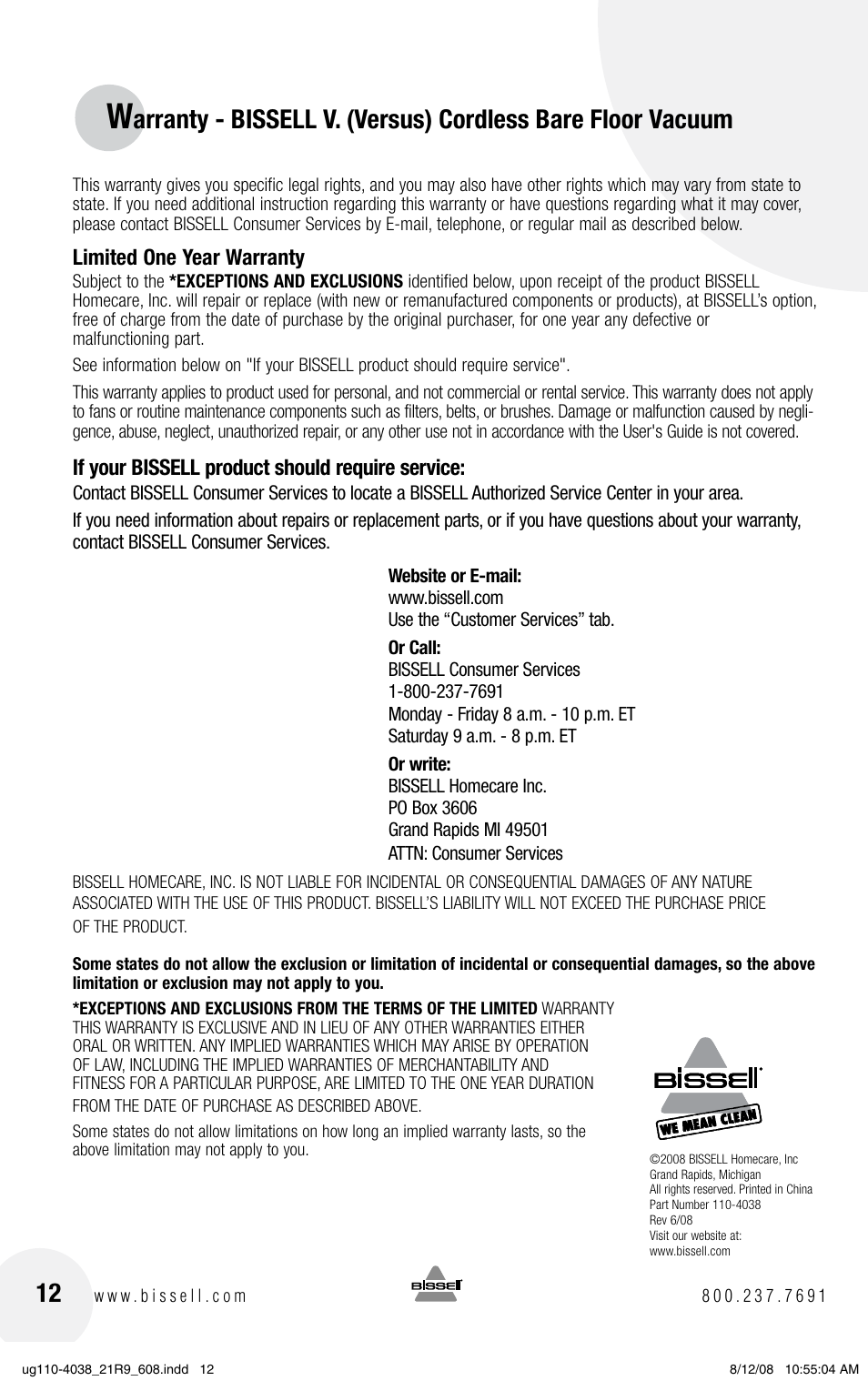 Bissell V. (VERSUS) 21R9 User Manual | Page 12 / 12