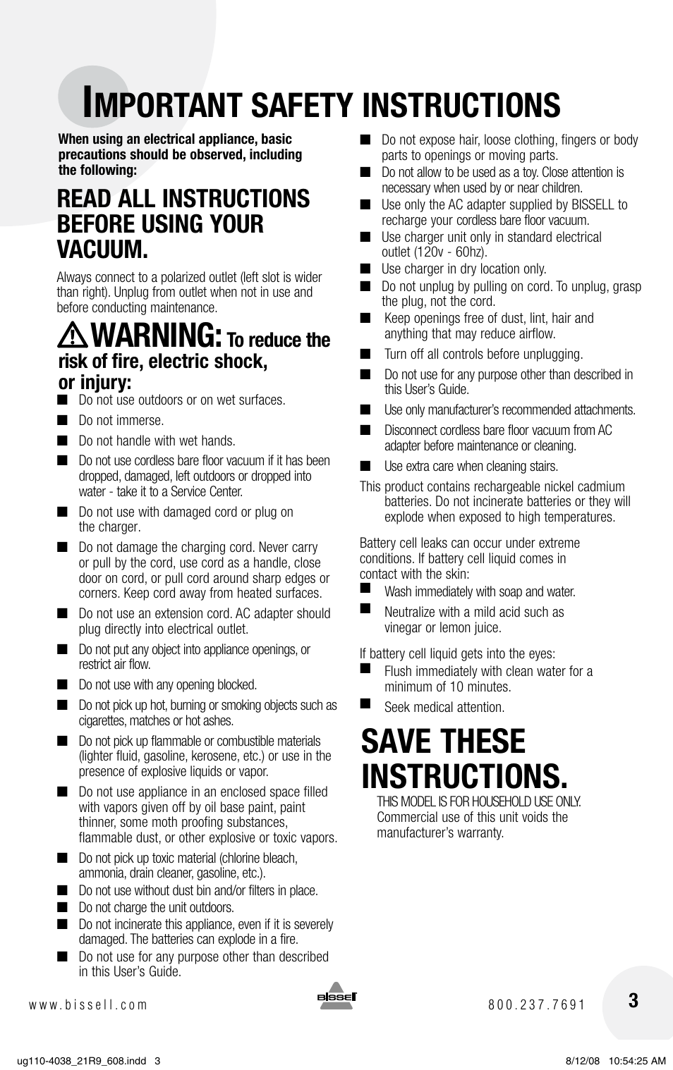 Mportant safety instructions, Warning, Save these instructions | Read all instructions before using your vacuum | Bissell V. (VERSUS) 21R9 User Manual | Page 3 / 12