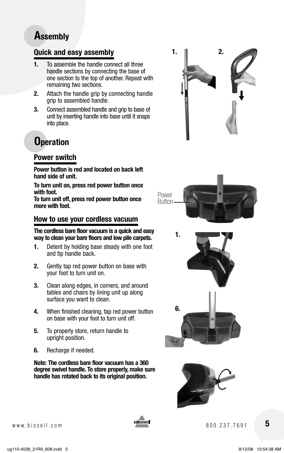 Ssembly, Peration, Quick and easy assembly | Power switch, How to use your cordless vacuum | Bissell V. (VERSUS) 21R9 User Manual | Page 5 / 12