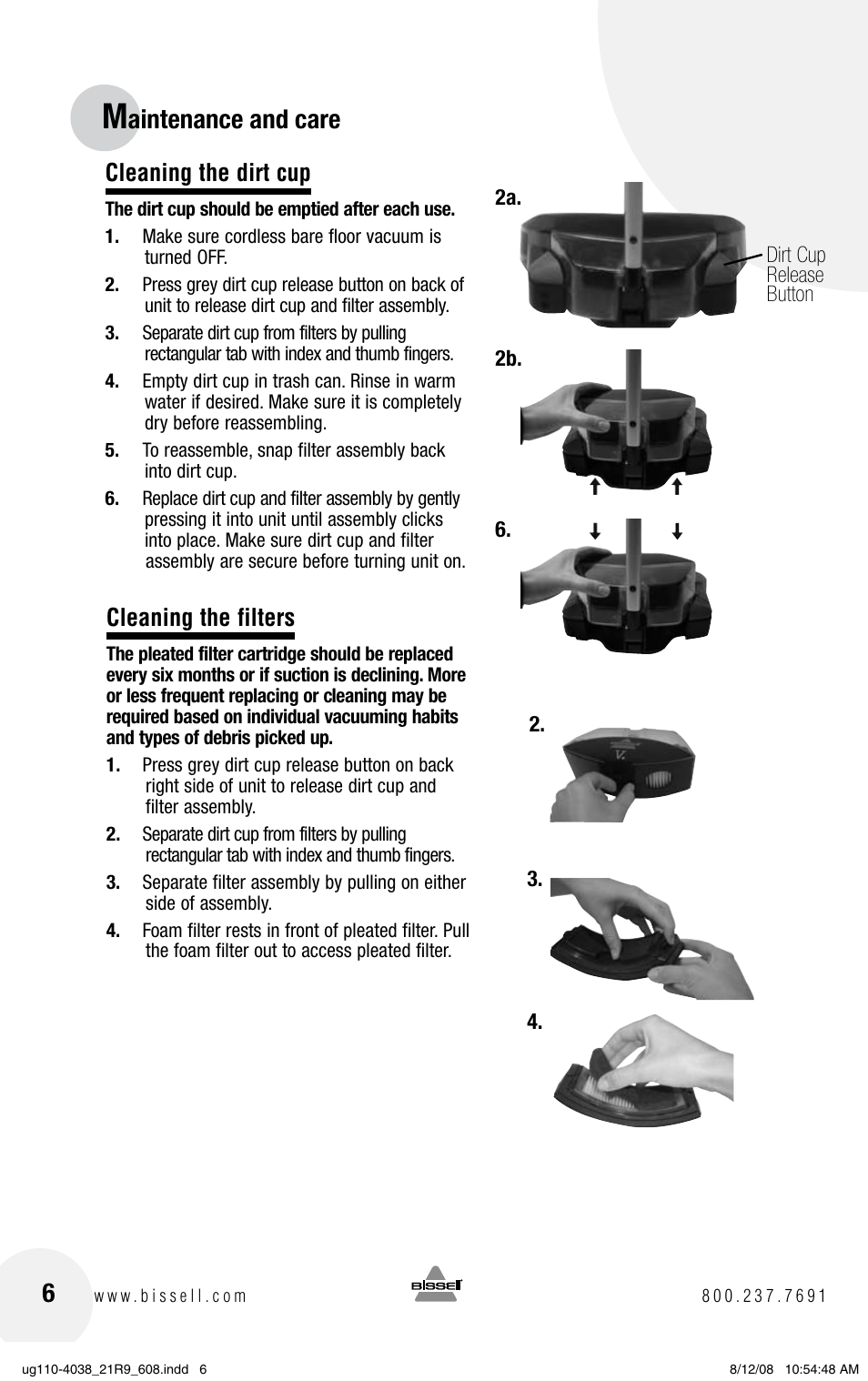 Aintenance and care 6, Cleaning the dirt cup, Cleaning the filters | Bissell V. (VERSUS) 21R9 User Manual | Page 6 / 12