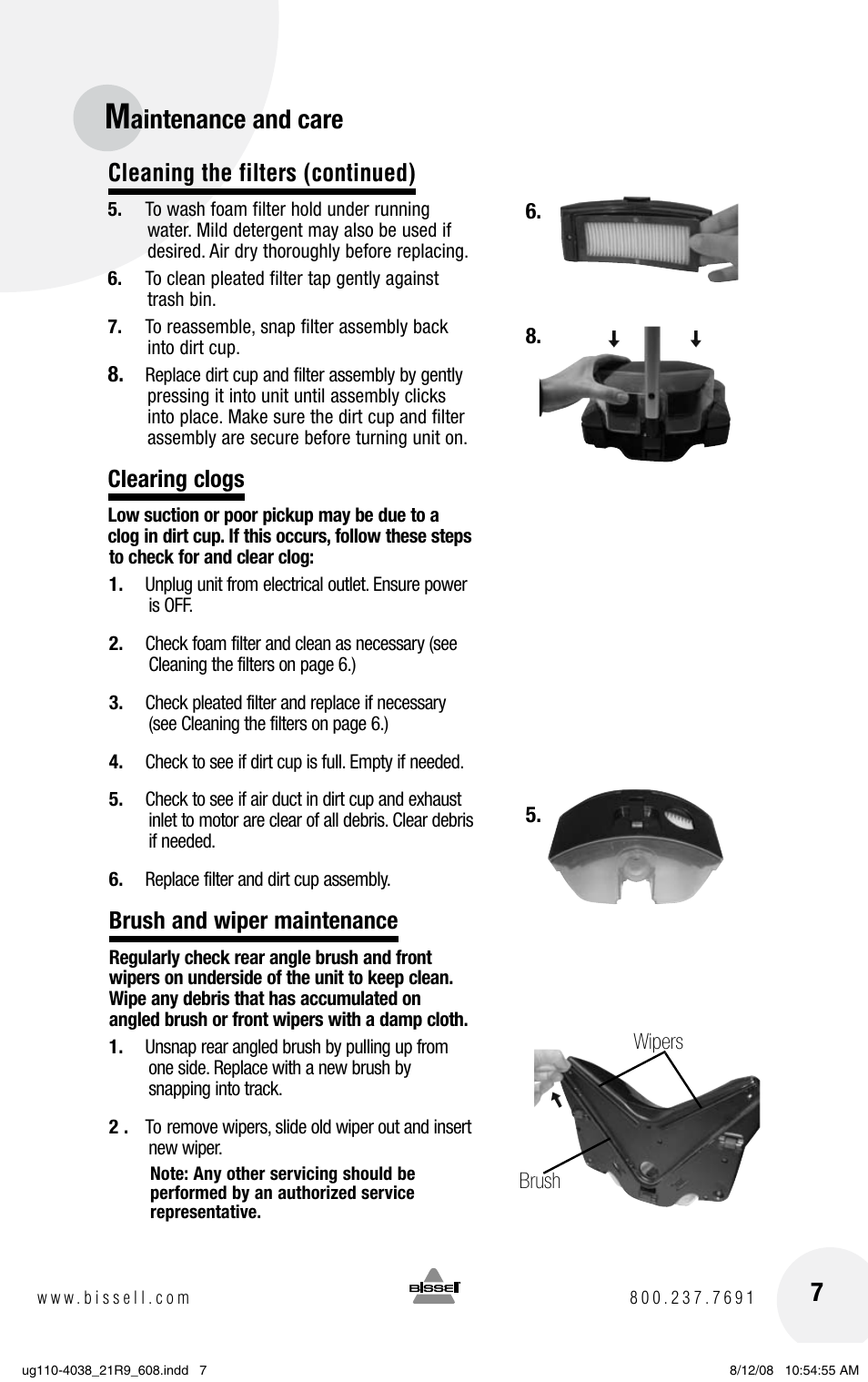 Aintenance and care 7, Cleaning the filters (continued), Clearing clogs | Brush and wiper maintenance | Bissell V. (VERSUS) 21R9 User Manual | Page 7 / 12