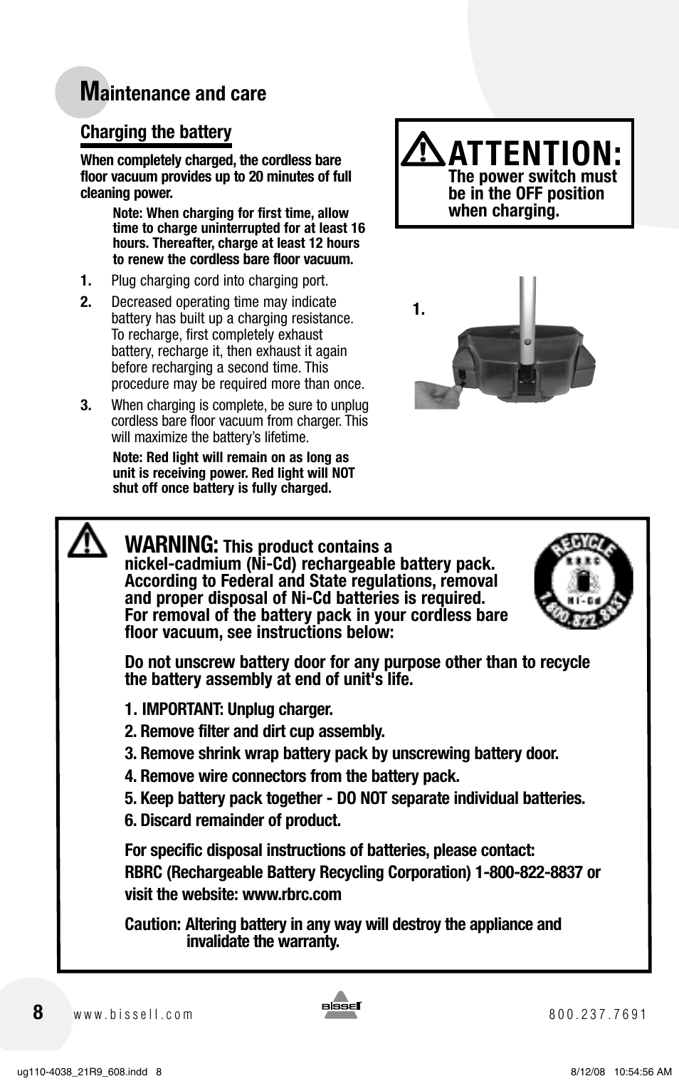 Attention, Warning, Aintenance and care | Bissell V. (VERSUS) 21R9 User Manual | Page 8 / 12