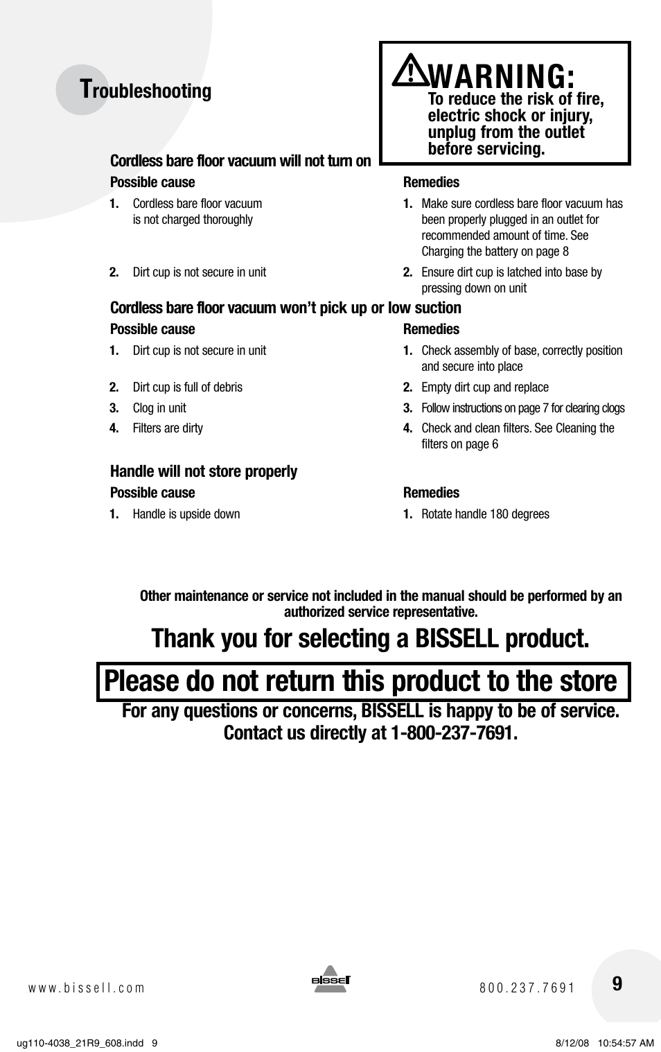 Warning, Please do not return this product to the store, Roubleshooting | Bissell V. (VERSUS) 21R9 User Manual | Page 9 / 12