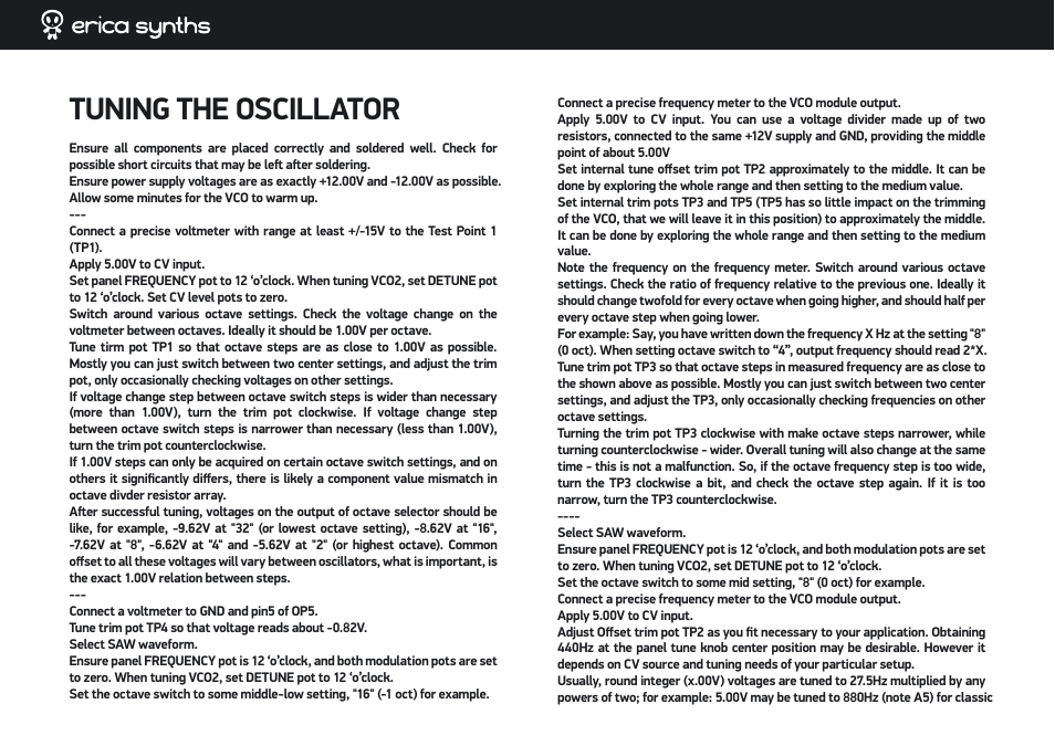 Tuning the oscillator | Erica Synths DIY Polivoks VCO kit User Manual | Page 11 / 12