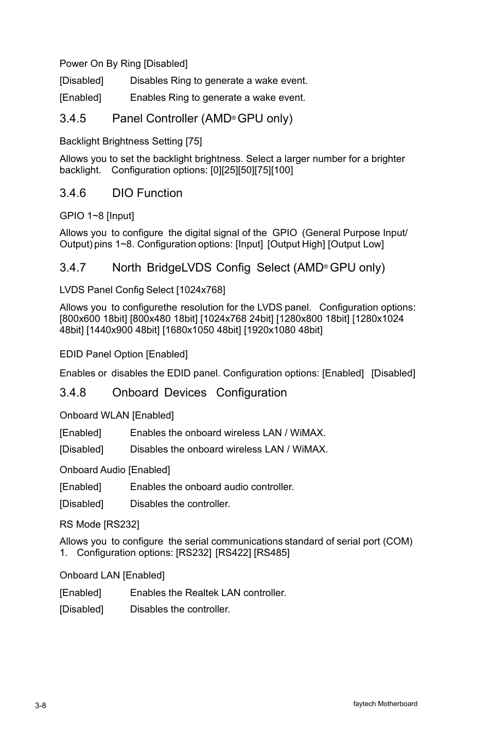 5 panel controller (amd, Gpu only), 6 dio function | 7 north bridgelvds config select (amd, 8 onboard devices configuration | faytech Industrial Motherboard Series User Manual | Page 38 / 44