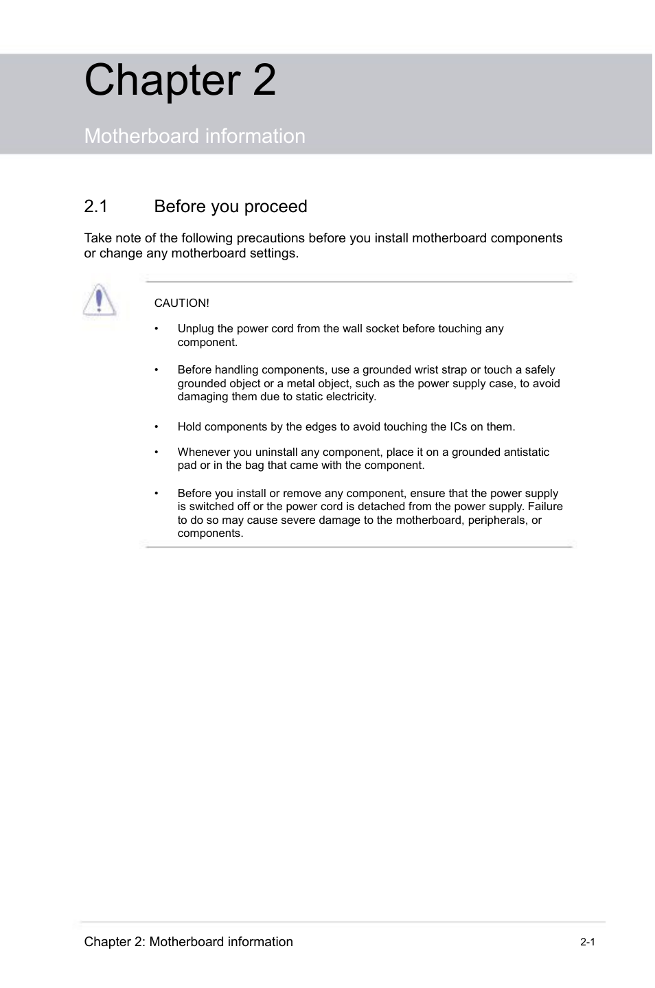 Chapter 2, Motherboard information, Before you proceed | faytech Industrial Motherboard Series User Manual | Page 9 / 44
