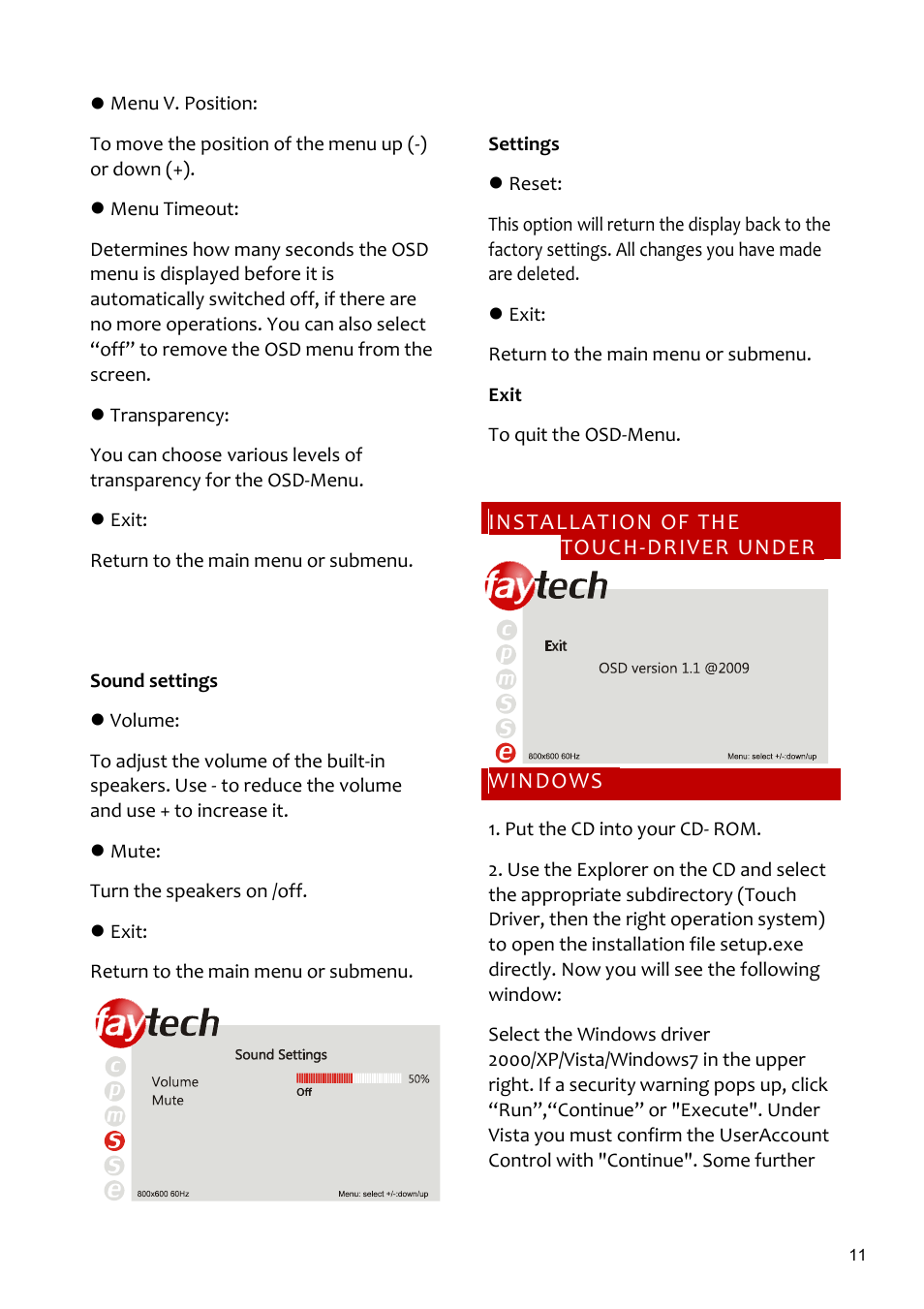 Menuv.position, Menutimeout, Transparency | Exit, Volume, Mute, Reset, Installationofthetouch-driverunderwindows | faytech 26" Vandal Non-Touch Monitor User Manual | Page 11 / 22