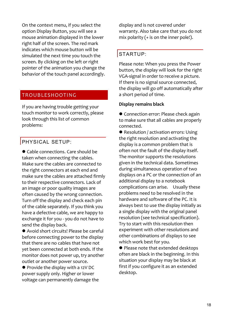 Troubleshooting, Physicalsetup, Startup | faytech 26" Vandal Non-Touch Monitor User Manual | Page 18 / 22