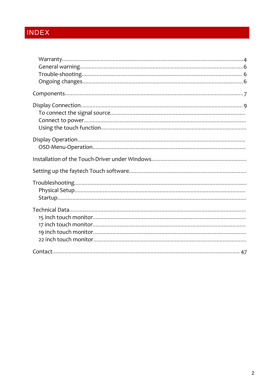 Index | faytech 26" Vandal Non-Touch Monitor User Manual | Page 2 / 22