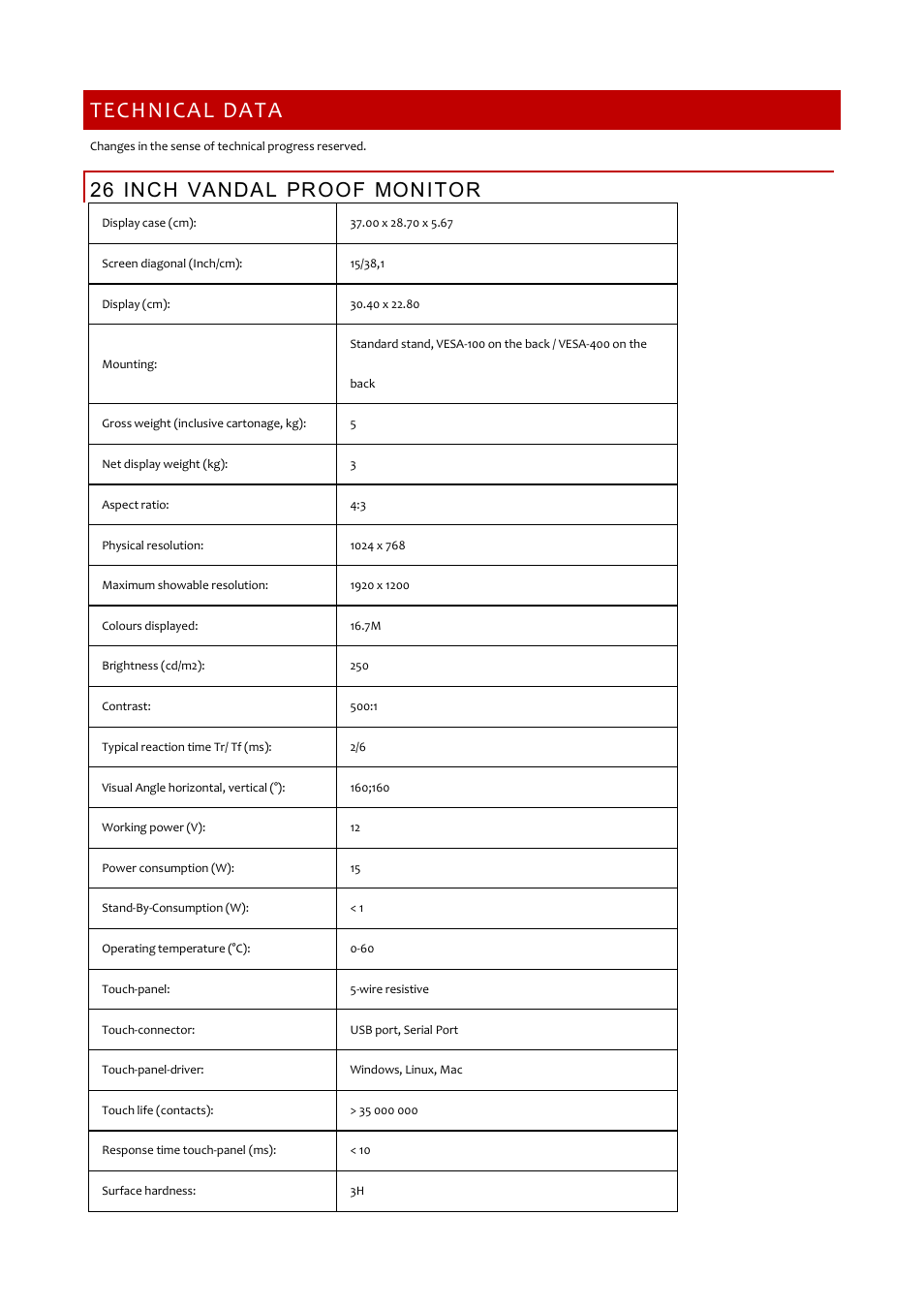 Technicaldata, 26inchvandalproofmonitor, Technical data | 26 inch vandal proof monitor | faytech 26" Vandal Non-Touch Monitor User Manual | Page 20 / 22