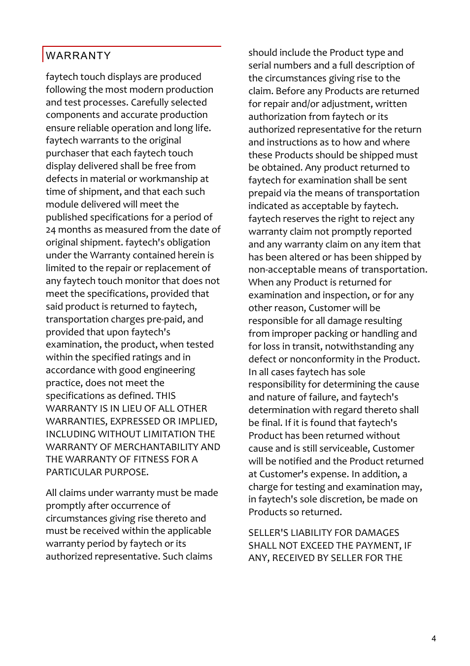 Warranty | faytech 26" Vandal Non-Touch Monitor User Manual | Page 4 / 22