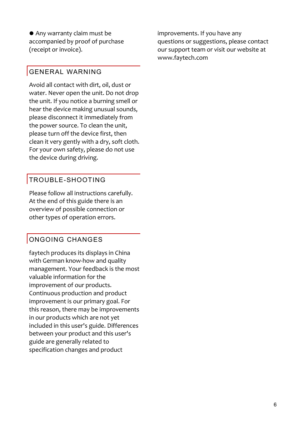 Generalwarning, Trouble-shooting, Ongoingchanges | faytech 26" Vandal Non-Touch Monitor User Manual | Page 6 / 22