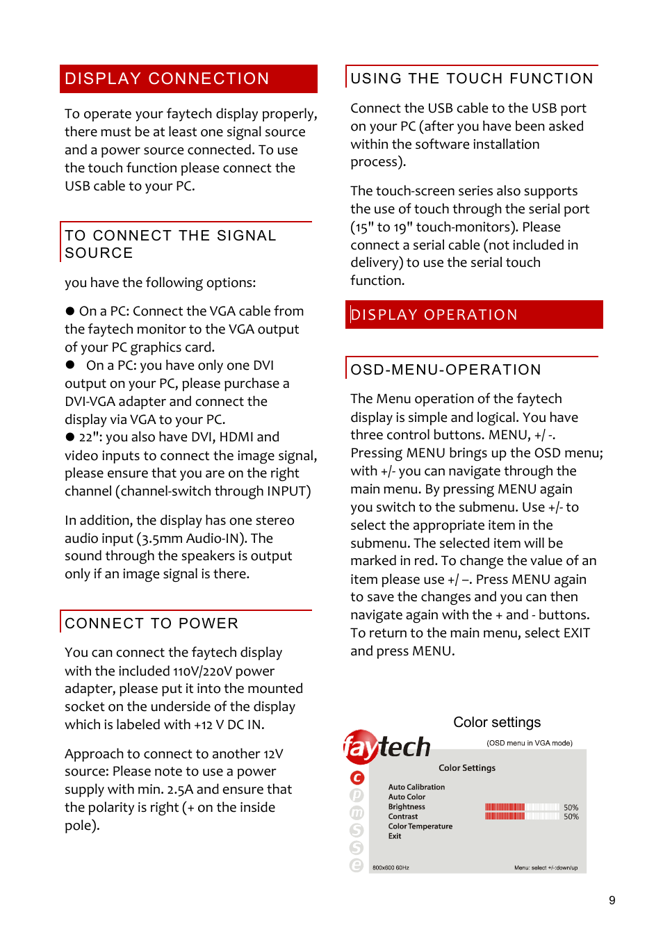 Displayconnection, Toconnectthesignalsource, Connecttopower | Usingthetouchfunction, Displayoperation, Osd-menu-operation | faytech 26" Vandal Non-Touch Monitor User Manual | Page 9 / 22