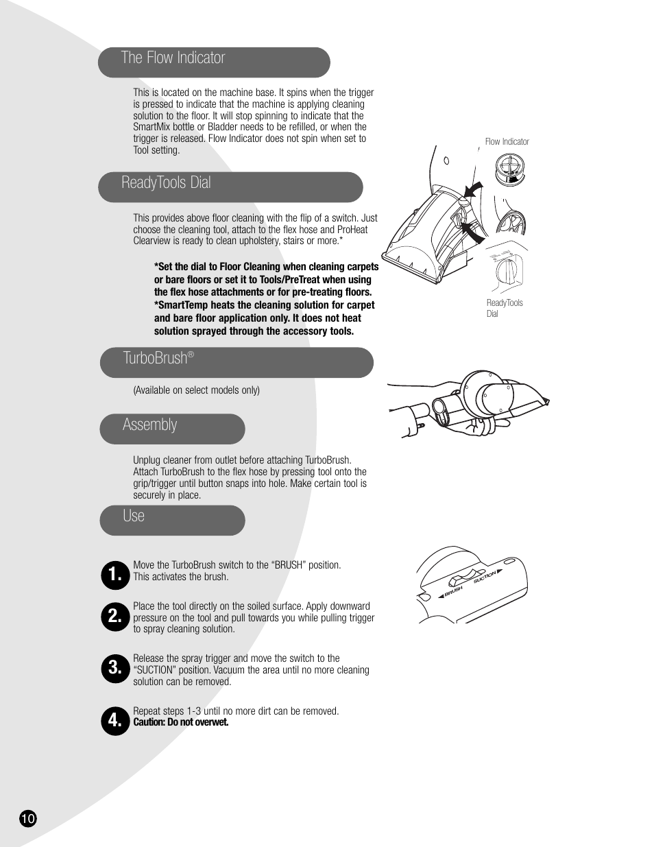 The flow indicator, Readytools dial turbobrush, Assembly use | Bissell 8905 User Manual | Page 10 / 24