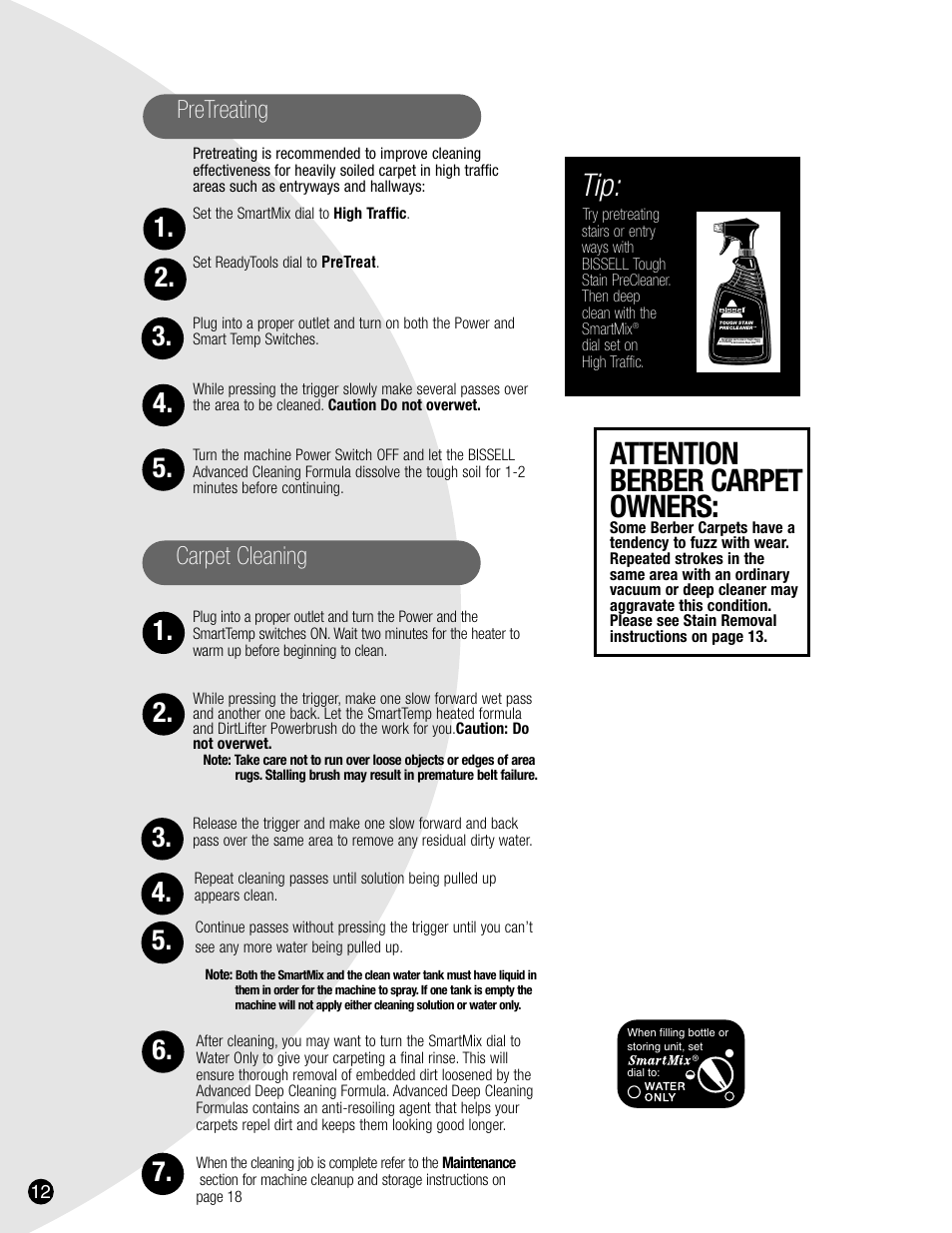 Attention berber carpet owners, Pretreating, Carpet cleaning | Bissell 8905 User Manual | Page 12 / 24