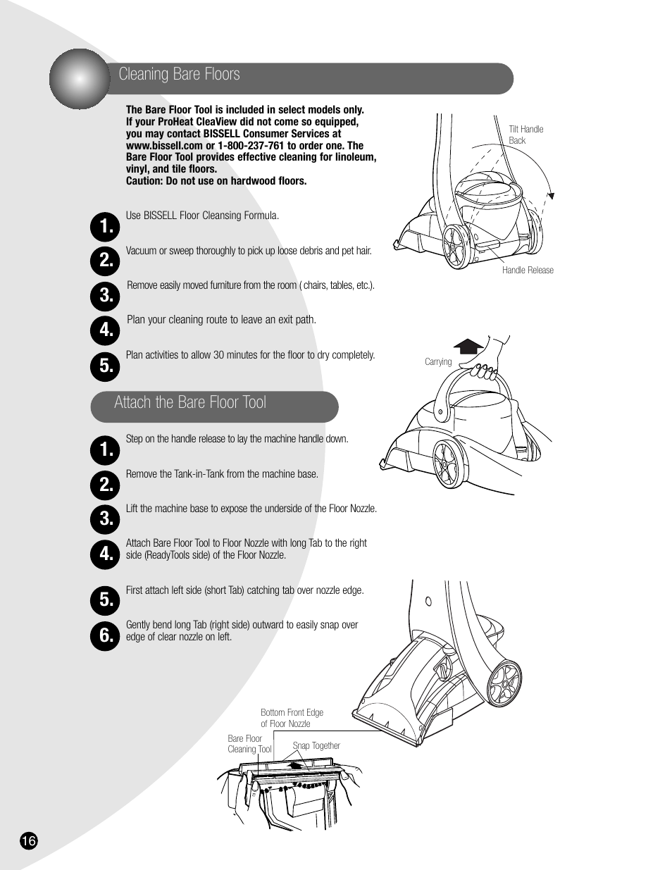 Cleaning bare floors, Attach the bare floor tool | Bissell 8905 User Manual | Page 16 / 24