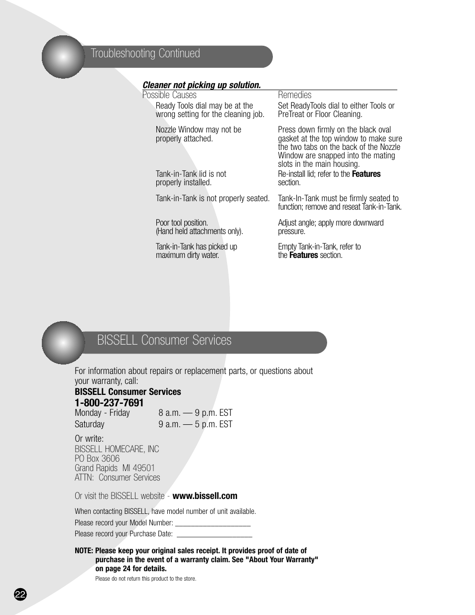 Bissell consumer services, Troubleshooting continued | Bissell 8905 User Manual | Page 22 / 24