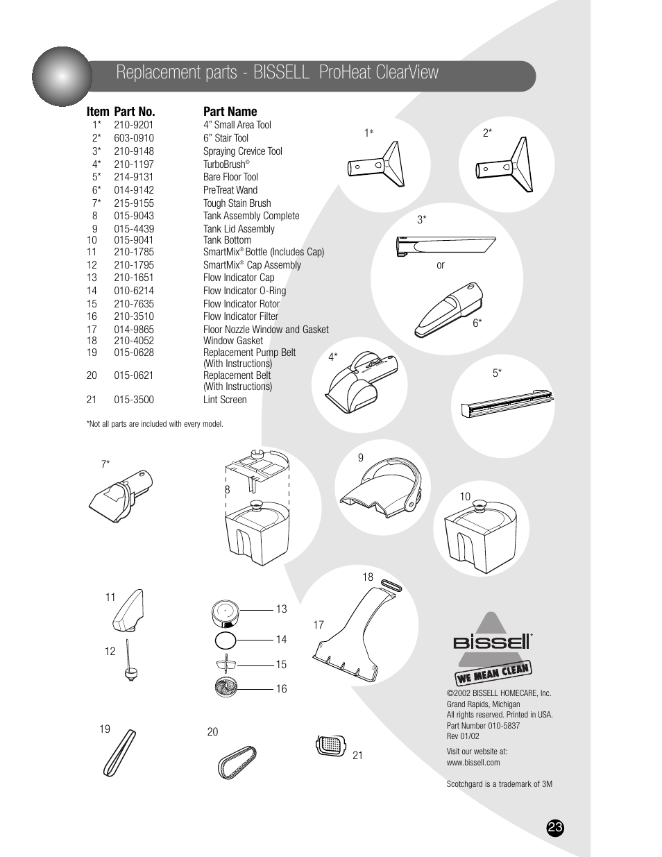 Replacement parts - bissell proheat clearview | Bissell 8905 User Manual | Page 23 / 24