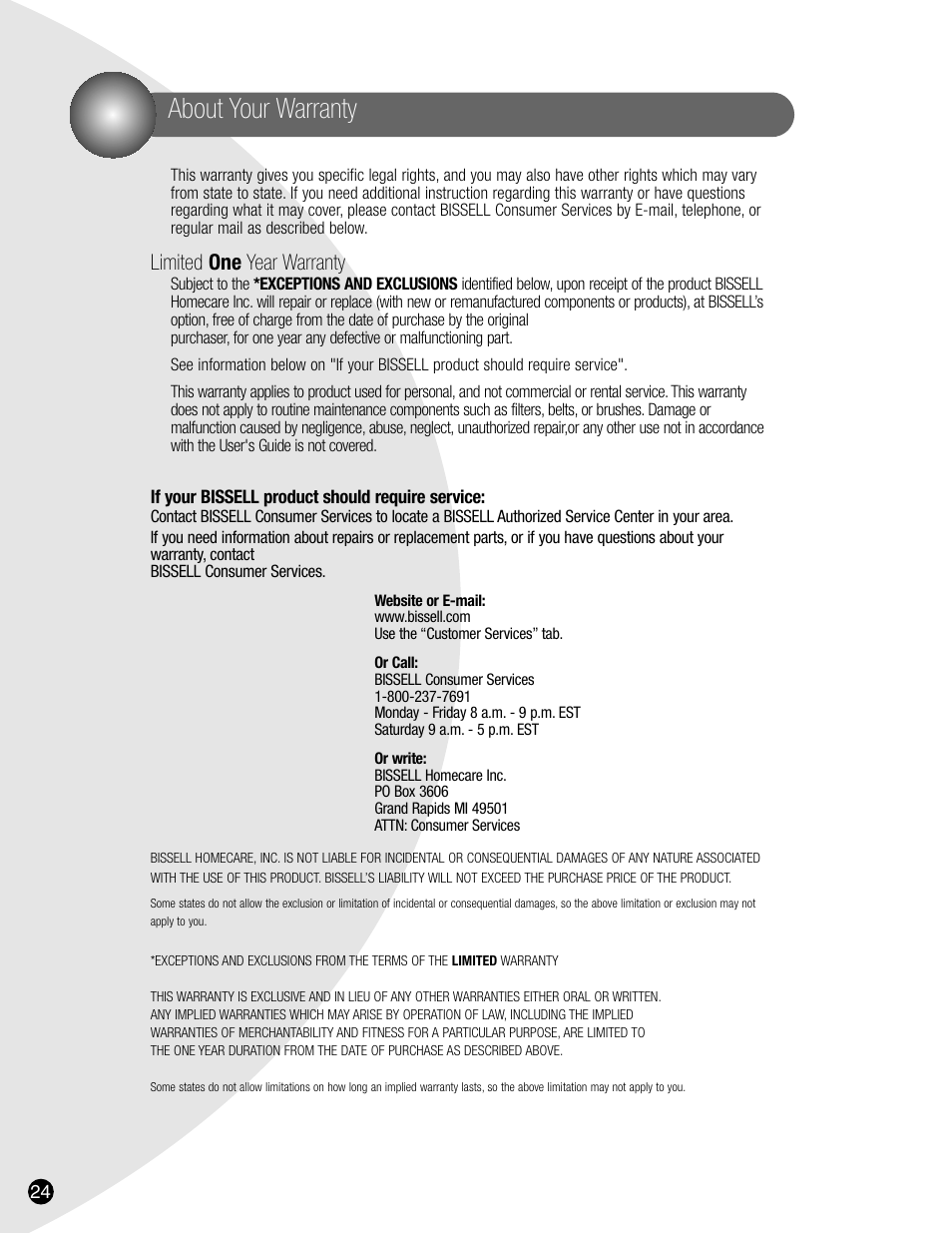 About your warranty, Limited one year warranty | Bissell 8905 User Manual | Page 24 / 24
