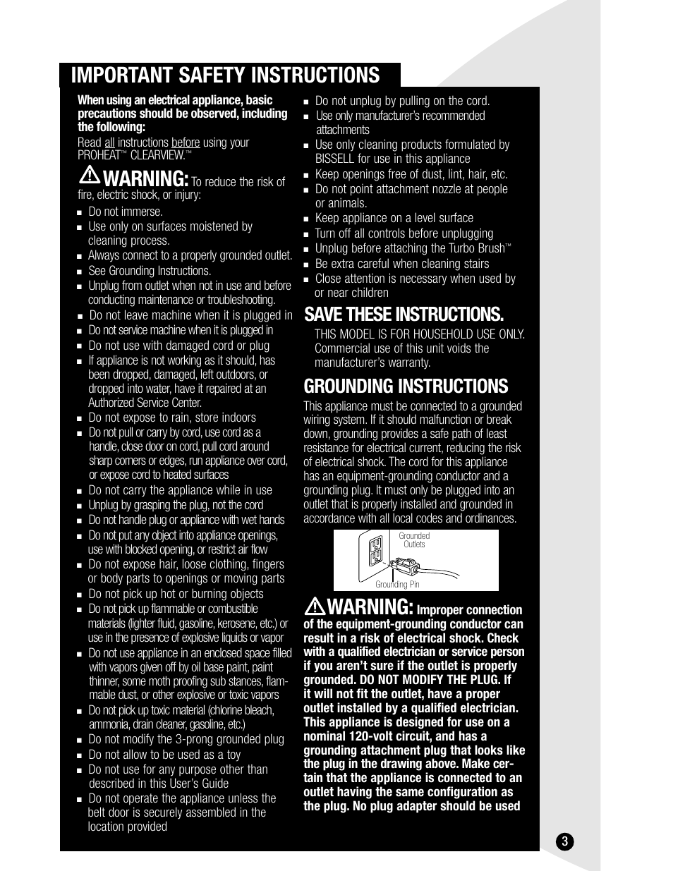 Important safety instructions, Warning, Save these instructions | Grounding instructions | Bissell 8905 User Manual | Page 3 / 24