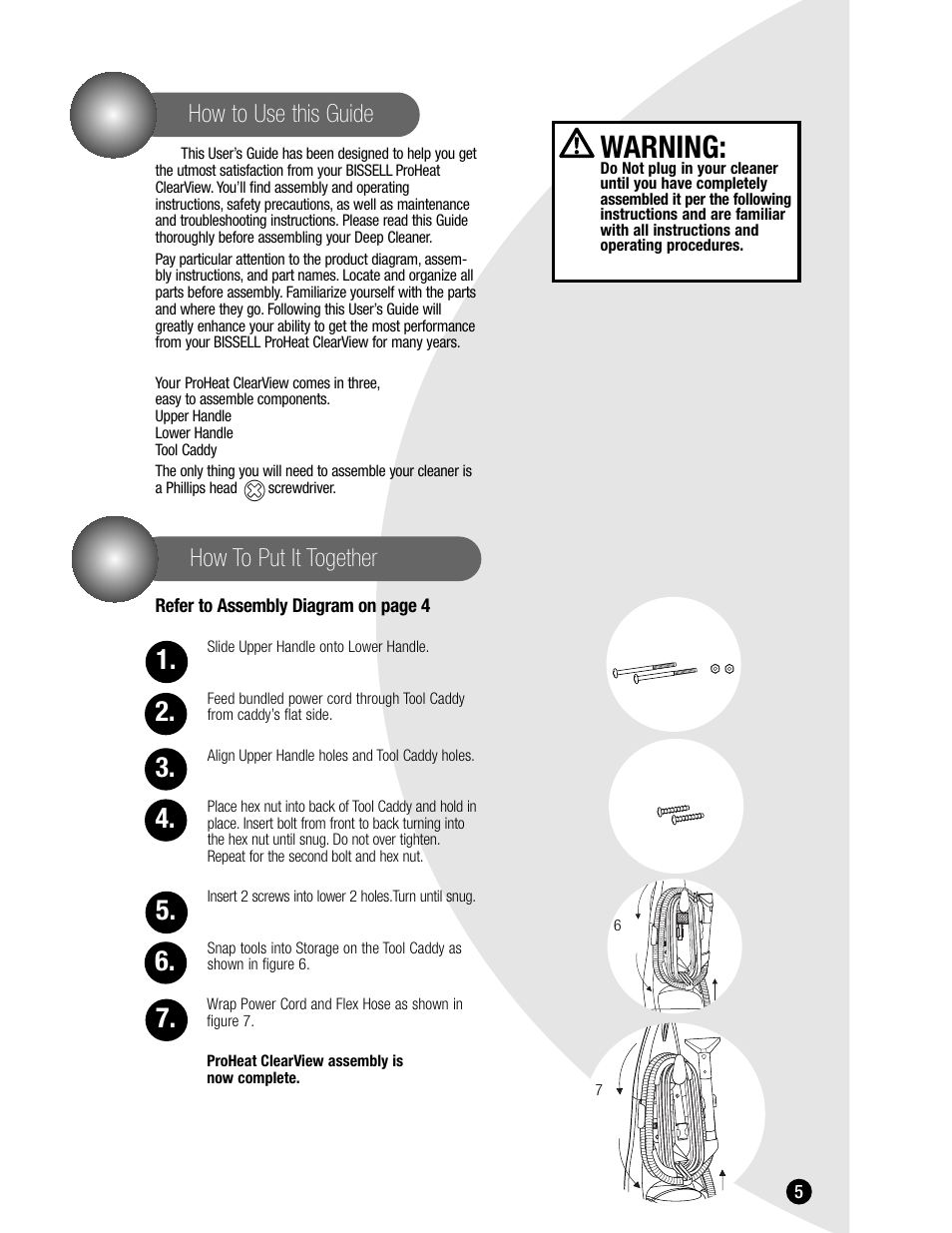 Warning, How to put it together how to use this guide | Bissell 8905 User Manual | Page 5 / 24