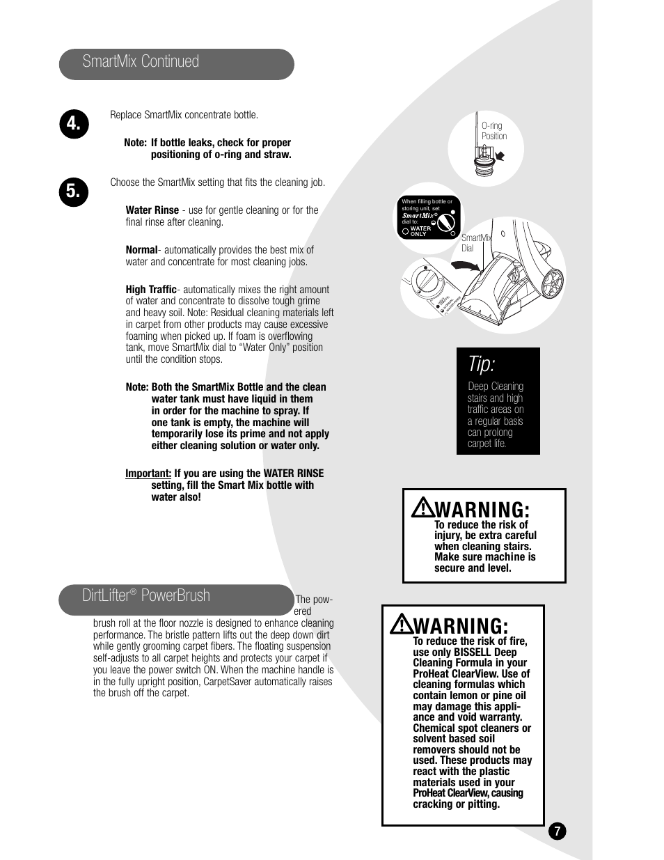 Warning, Smartmix continued, Dirtlifter | Powerbrush | Bissell 8905 User Manual | Page 7 / 24