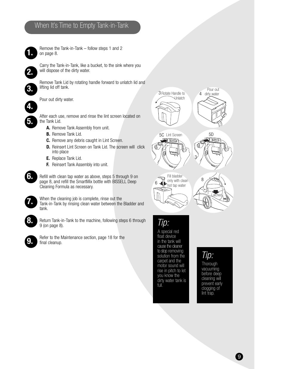 When it’s time to empty tank-in-tank | Bissell 8905 User Manual | Page 9 / 24