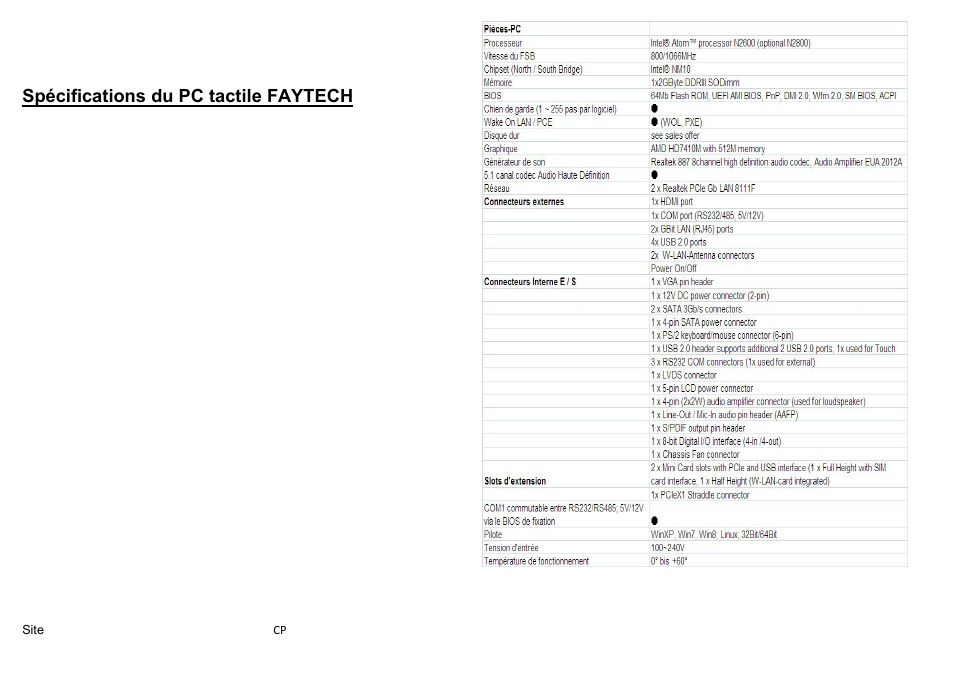 Spécifications du pc tactile faytech | faytech 55'' Touch PC User Manual | Page 19 / 20