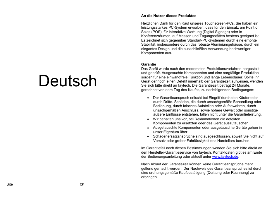 Dergarantieansprucherlischtbeieingriffdurchd, Wirbehaltenunsvor,beireklamationendiedefekt, Ausgetauschtekomponentenoderausgetauschtegerät | Schadenersatzansprüchesindausgeschlossen,soweit, Deutsch | faytech 55'' Touch PC User Manual | Page 2 / 20