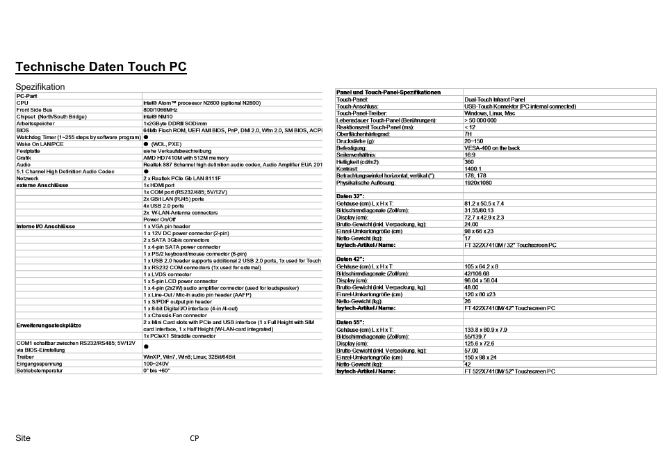 Spezifikation, Technische daten touch pc | faytech 55'' Touch PC User Manual | Page 6 / 20