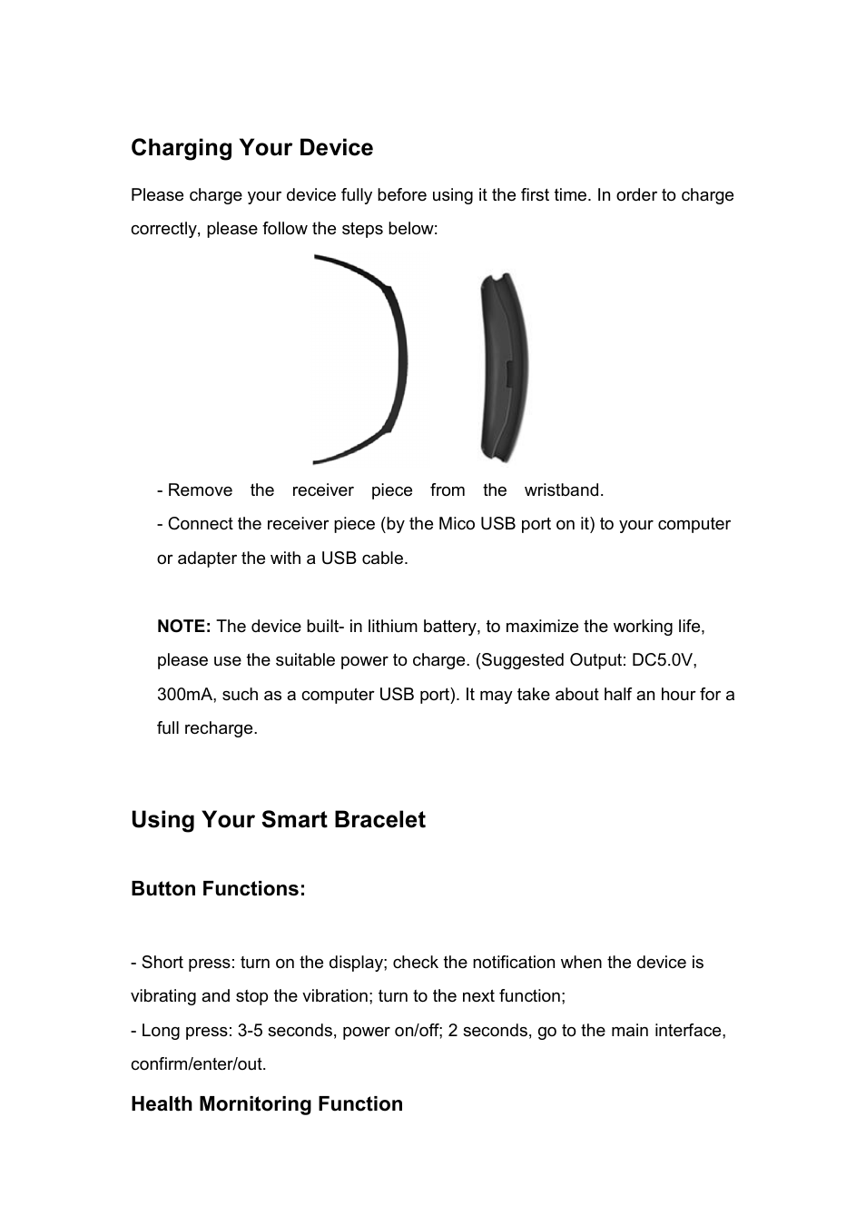 Charging your device, Using your smart bracelet | Flylink SW31 User Manual | Page 2 / 5