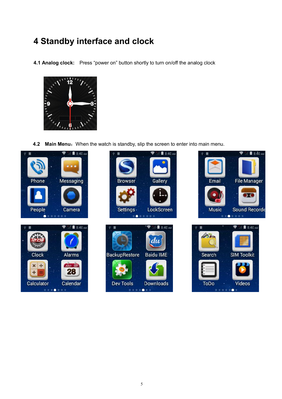 4 standby interface and clock | Flylink PW33 User Manual | Page 5 / 9