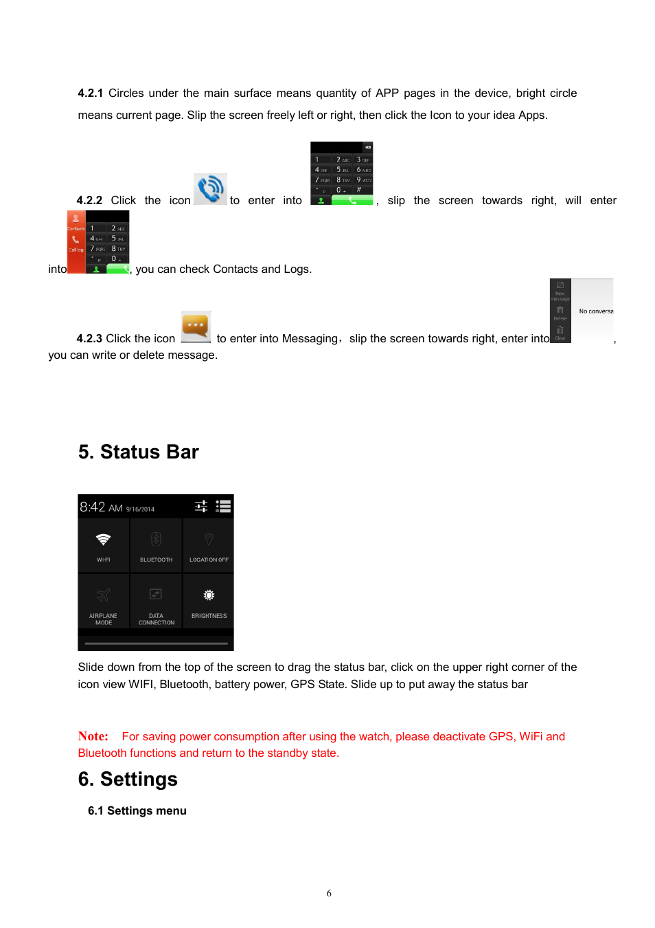 Status bar, Settings | Flylink PW33 User Manual | Page 6 / 9