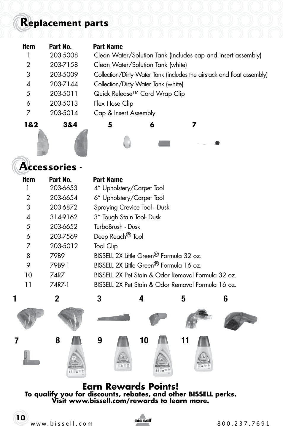 Eplacement parts, Ccessories | Bissell LittleGreen Proheat 50Y6 Series User Manual | Page 10 / 12