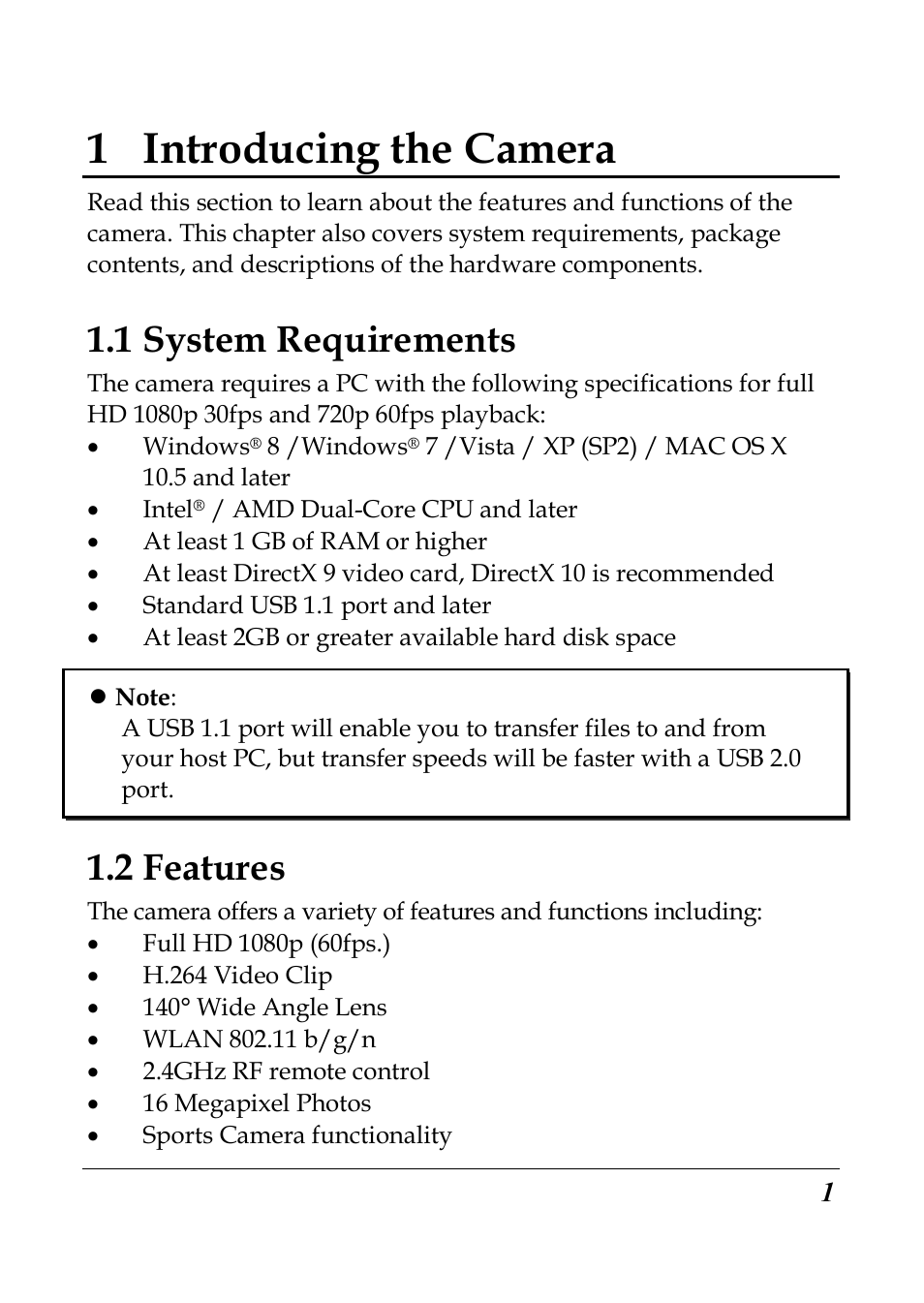 1 introducing the camera, 1 system requirements, 2 features | Flylink Full HD WIFI User Manual | Page 12 / 69