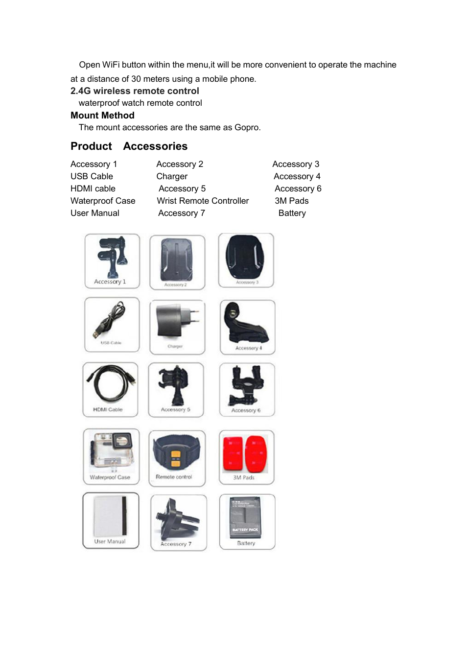 Product accessories | Flylink WIFI Full HD Waterproof User Manual | Page 2 / 9