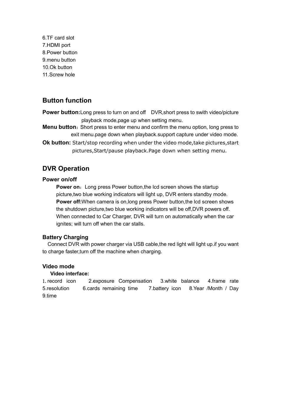 Button function, Dvr operation | Flylink WIFI Full HD Waterproof User Manual | Page 4 / 9