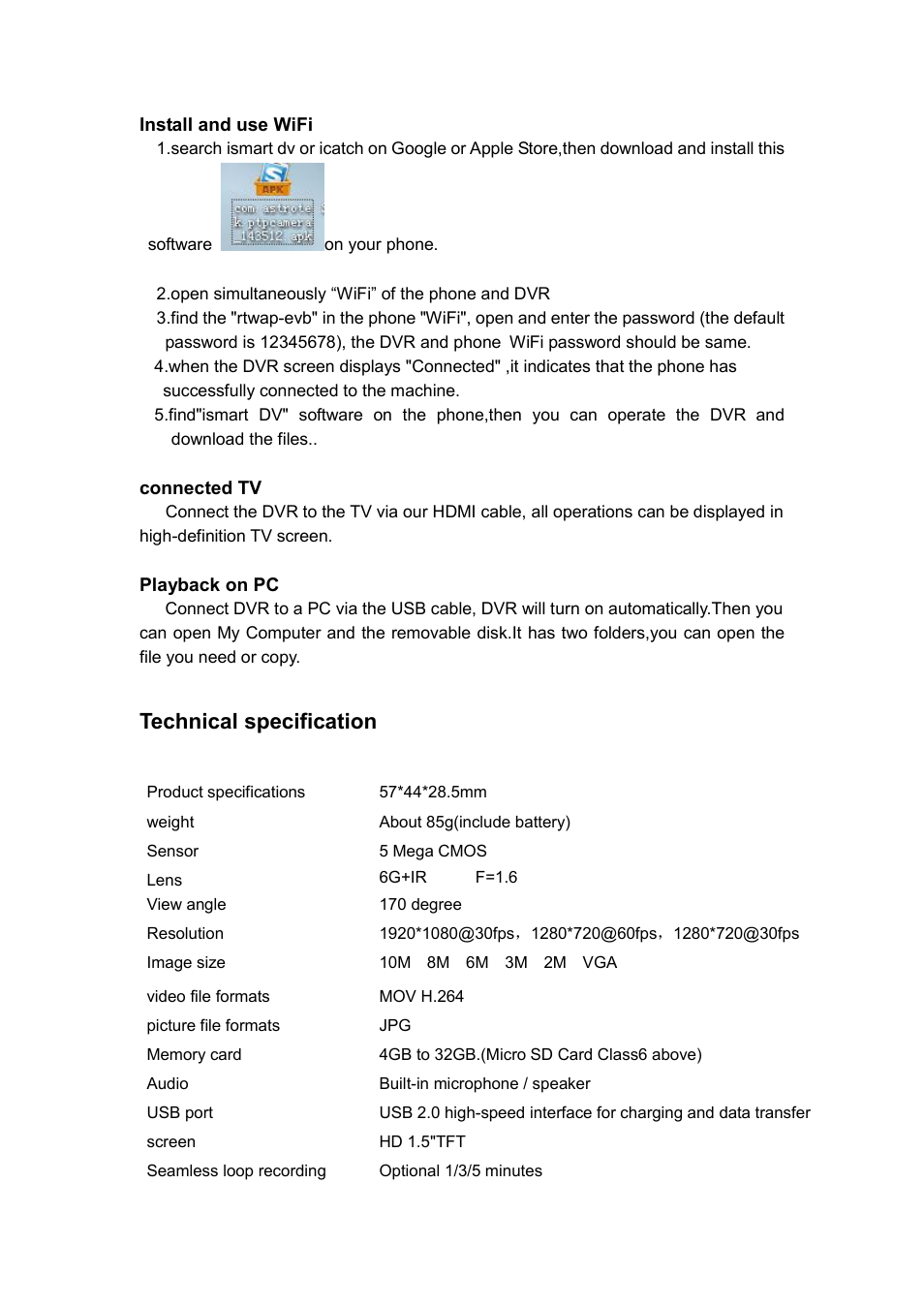 Technical specification | Flylink WIFI Full HD Waterproof User Manual | Page 8 / 9