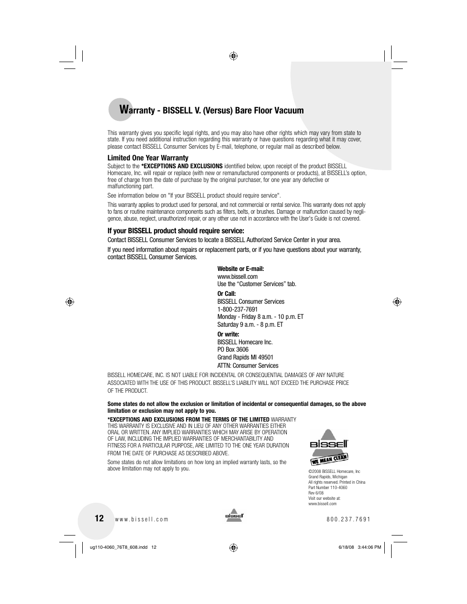 Arranty - bissell v. (versus) bare floor vacuum | Bissell 76T8 User Manual | Page 12 / 12